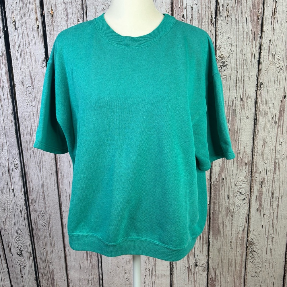 Vintage Hanes Her Way Short Sleeve Sweatshirt 1980s/90s Teal Green Medium U.S.A.